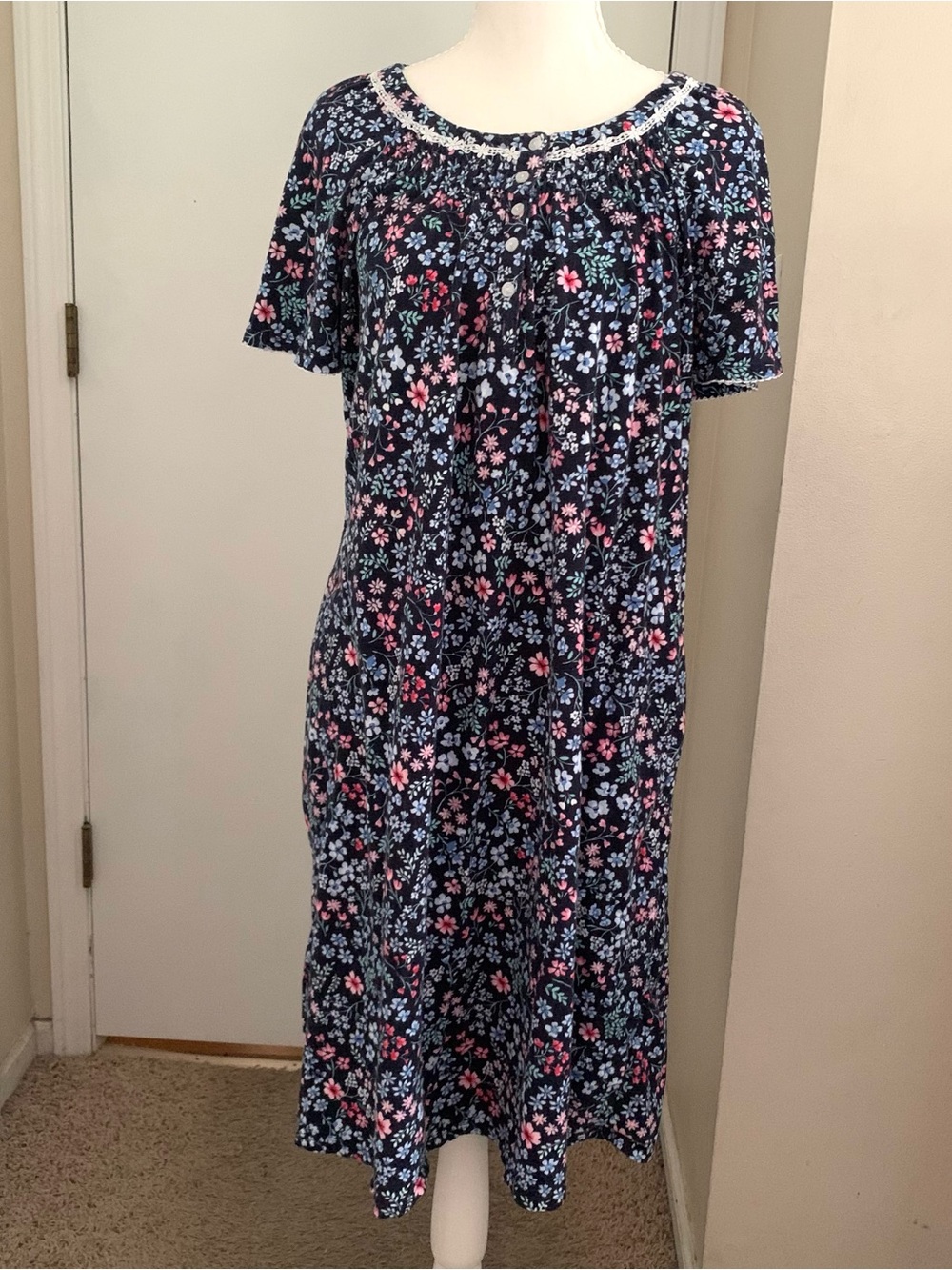 Aria Collection Cotton Floral Nightgown Cottage Prairie Knit Navy Sleep Dress L